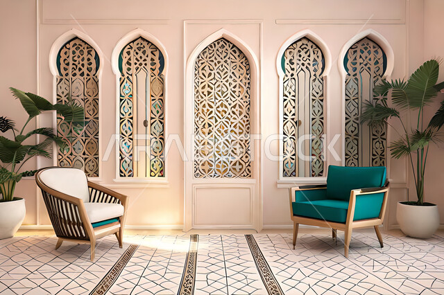 غرفة جلوس بتصاميم عصرية حديثه،  زخارف عربية اسلامية, ديكورات داخليه، غرفة معيشة, تصاميم عصرية فاخرة، شقق وفلل سكنية, الفن الهندسي الاسلامي, نافذة خشبية على الطراز  العربي الاسلامي .