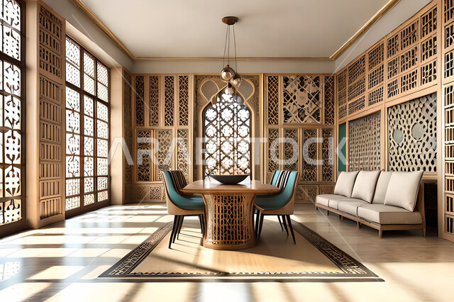 تصاميم عصرية حديثه لغرفة الطعام،  زخارف عربية اسلامية, ديكورات داخليه، غرفة طعام, تصاميم عصرية فاخرة، شقق وفلل سكنية, الفن الهندسي الاسلامي, نافذة خشبية على الطراز  العربي الاسلامي .