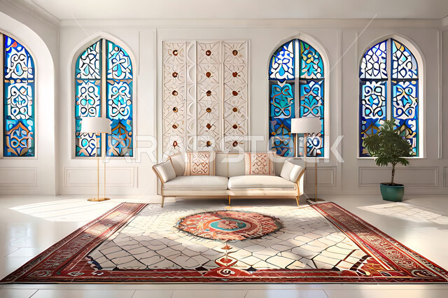 غرفة جلوس بتصاميم عصرية حديثه،  زخارف عربية اسلامية, ديكورات داخليه، غرفة معيشة, تصاميم عصرية فاخرة، شقق وفلل سكنية, الفن الهندسي الاسلامي, نافذة خشبية على الطراز  العربي الاسلامي .