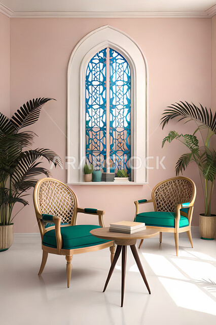 غرفة جلوس بتصاميم عصرية حديثه،  زخارف عربية اسلامية, ديكورات داخليه، غرفة معيشة, تصاميم عصرية فاخرة، شقق وفلل سكنية, الفن الهندسي الاسلامي, نافذة خشبية على الطراز  العربي الاسلامي .