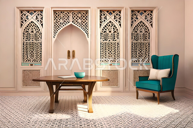 غرفة جلوس بتصاميم عصرية حديثه،  زخارف عربية اسلامية, ديكورات داخليه، غرفة معيشة, تصاميم عصرية فاخرة، شقق وفلل سكنية, الفن الهندسي الاسلامي, نافذة خشبية على الطراز  العربي الاسلامي .