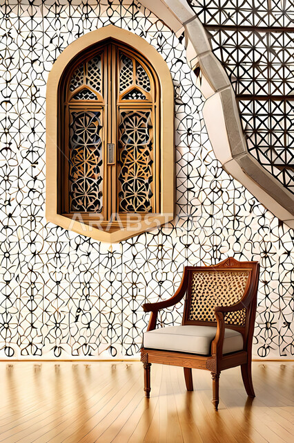 غرفة جلوس بتصاميم عصرية حديثه،  زخارف عربية اسلامية, ديكورات داخليه، غرفة معيشة, تصاميم عصرية فاخرة، شقق وفلل سكنية, الفن الهندسي الاسلامي, نافذة خشبية على الطراز  العربي الاسلامي .