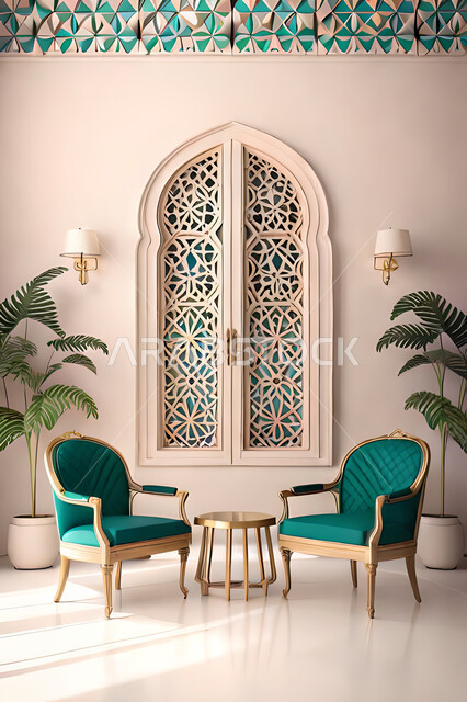 غرفة جلوس بتصاميم عصرية حديثه،  زخارف عربية اسلامية, ديكورات داخليه، غرفة معيشة, تصاميم عصرية فاخرة، شقق وفلل سكنية, الفن الهندسي الاسلامي, نافذة خشبية على الطراز  العربي الاسلامي .