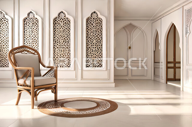 غرفة جلوس بتصاميم عصرية حديثه،  زخارف عربية اسلامية, ديكورات داخليه، غرفة معيشة, تصاميم عصرية فاخرة، شقق وفلل سكنية, الفن الهندسي الاسلامي, نافذة خشبية على الطراز  العربي الاسلامي .