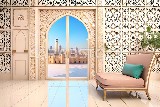غرفة جلوس بتصاميم عصرية حديثه،  زخارف عربية اسلامية, ديكورات داخليه، غرفة معيشة, تصاميم عصرية فاخرة، شقق وفلل سكنية, الفن الهندسي الاسلامي, نافذة خشبية على الطراز  العربي الاسلامي .