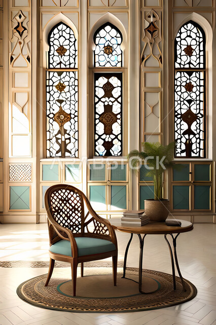 غرفة جلوس بتصاميم عصرية حديثه،  زخارف عربية اسلامية, ديكورات داخليه، غرفة معيشة, تصاميم عصرية فاخرة، شقق وفلل سكنية, الفن الهندسي الاسلامي, نافذة خشبية على الطراز  العربي الاسلامي .