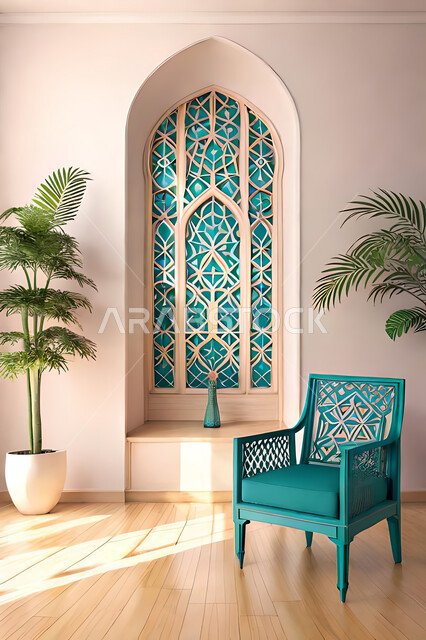 غرفة جلوس بتصاميم عصرية حديثه،  زخارف عربية اسلامية, ديكورات داخليه، غرفة معيشة, تصاميم عصرية فاخرة، شقق وفلل سكنية, الفن الهندسي الاسلامي, نافذة خشبية على الطراز  العربي الاسلامي .