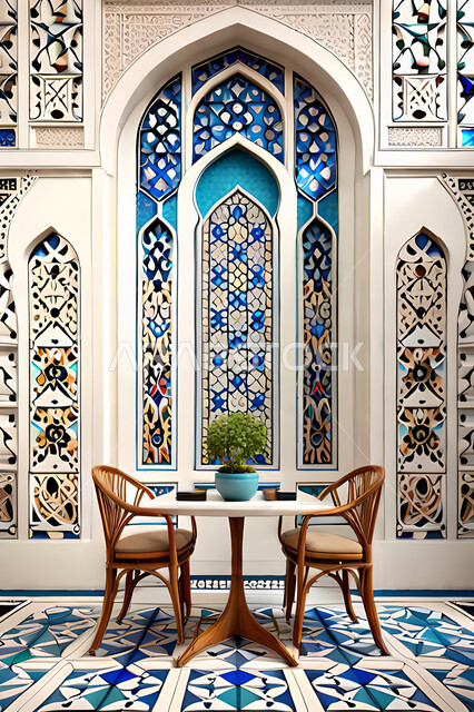 تصاميم عصرية حديثه لغرفة الطعام،  زخارف عربية اسلامية, ديكورات داخليه، غرفة طعام, تصاميم عصرية فاخرة، شقق وفلل سكنية, الفن الهندسي الاسلامي, نافذة خشبية على الطراز  العربي الاسلامي .