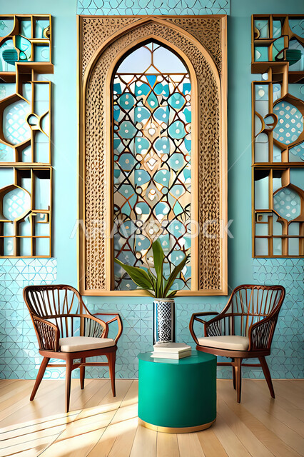 غرفة جلوس بتصاميم عصرية حديثه،  زخارف عربية اسلامية, ديكورات داخليه، غرفة معيشة, تصاميم عصرية فاخرة، شقق وفلل سكنية, الفن الهندسي الاسلامي, نافذة خشبية على الطراز  العربي الاسلامي .