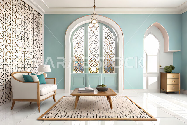 غرفة جلوس بتصاميم عصرية حديثه،  زخارف عربية اسلامية, ديكورات داخليه، غرفة معيشة, تصاميم عصرية فاخرة، شقق وفلل سكنية, الفن الهندسي الاسلامي, نافذة خشبية على الطراز  العربي الاسلامي .