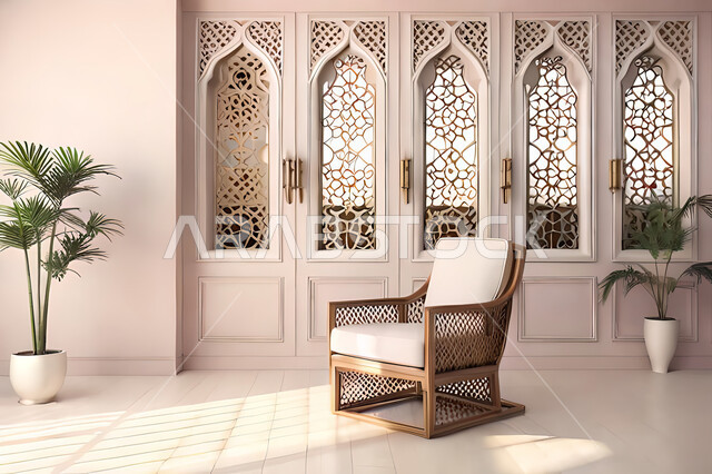 غرفة جلوس بتصاميم عصرية حديثه،  زخارف عربية اسلامية, ديكورات داخليه، غرفة معيشة, تصاميم عصرية فاخرة، شقق وفلل سكنية, الفن الهندسي الاسلامي, نافذة خشبية على الطراز  العربي الاسلامي .