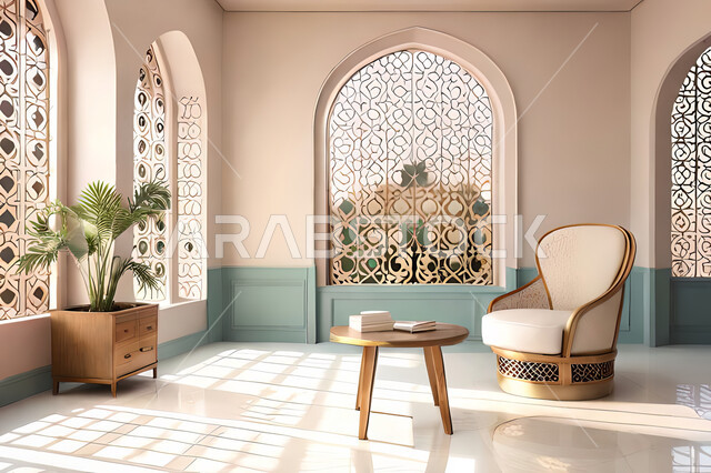 غرفة جلوس بتصاميم عصرية حديثه،  زخارف عربية اسلامية, ديكورات داخليه، غرفة معيشة, تصاميم عصرية فاخرة، شقق وفلل سكنية, الفن الهندسي الاسلامي, نافذة خشبية على الطراز  العربي الاسلامي .