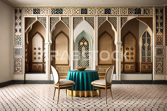 تصاميم عصرية حديثه لغرفة الطعام،  زخارف عربية اسلامية, ديكورات داخليه، غرفة طعام, تصاميم عصرية فاخرة، شقق وفلل سكنية, الفن الهندسي الاسلامي, نافذة خشبية على الطراز  العربي الاسلامي .