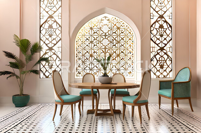 تصاميم عصرية حديثه لغرفة الطعام، ديكورات داخليه، غرفة طعام, زخارف عربية اسلامية, تصاميم عصرية فاخرة، شقق وفلل سكنية, الفن الهندسي الاسلامي, نافذة خشبية على الطراز  العربي الاسلامي .