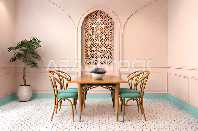 Living room with modern modern designs, Arab-Islamic motifs, interior decorations, living room, luxury modern designs, apartments and villas, Islamic engineering art, wooden window in the Arab-Islamic style.