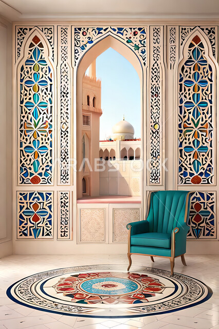 غرفة جلوس بتصاميم عصرية حديثه، ديكورات داخليه، غرفة معيشة, زخارف عربية اسلامية, تصاميم عصرية فاخرة، شقق وفلل سكنية, الفن الهندسي الاسلامي, نافذة خشبية على الطراز  العربي الاسلامي .