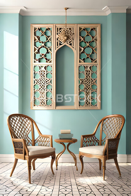 غرفة جلوس بتصاميم عصرية حديثه، ديكورات داخليه، غرفة معيشة, زخارف عربية اسلامية, تصاميم عصرية فاخرة، شقق وفلل سكنية, الفن الهندسي الاسلامي, نافذة خشبية على الطراز  العربي الاسلامي .