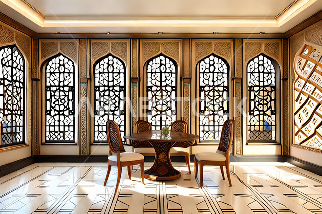 تصاميم عصرية حديثه لغرفة الطعام، ديكورات داخليه، غرفة طعام, زخارف عربية اسلامية, تصاميم عصرية فاخرة، شقق وفلل سكنية, الفن الهندسي الاسلامي, نافذة خشبية على الطراز  العربي الاسلامي .