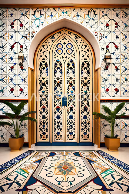 باب خشبي ملون على الطراز العربي العريق, زخارف اسلامية, ديكورات داخلية, الفن الهندسي الاسلامي, تصاميم أبواب مزخرفة