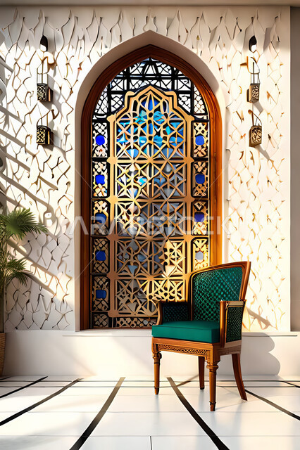 Living room with modern modern designs, interior decorations, living room, Arab-Islamic motifs, luxurious modern designs, apartments and villas, hotels of Islamic engineering art, wooden window in the Arab-Islamic style.