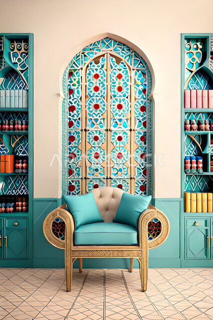 Living room with modern modern designs, interior decorations, living room, Arab-Islamic motifs, luxurious modern designs, apartments and villas, hotels of Islamic engineering art, wooden window in the Arab-Islamic style.