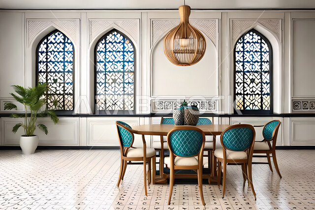 Living room with modern modern designs, interior decorations, living room, Arab-Islamic motifs, luxurious modern designs, apartments and villas, hotels of Islamic engineering art, wooden window in the Arab-Islamic style.