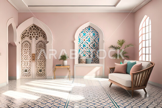 Living room with modern modern designs, interior decorations, living room, Arab-Islamic motifs, luxurious modern designs, apartments and villas, hotels of Islamic engineering art, wooden window in the Arab-Islamic style.