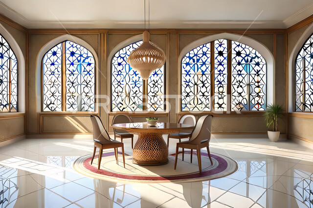 Living room with modern modern designs, interior decorations, living room, Arab-Islamic motifs, luxurious modern designs, apartments and villas, hotels of Islamic engineering art, wooden window in the Arab-Islamic style.