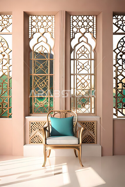Living room with modern modern designs, interior decorations, living room, Arab-Islamic motifs, luxurious modern designs, apartments and villas, hotels of Islamic engineering art, wooden window in the Arab-Islamic style.
