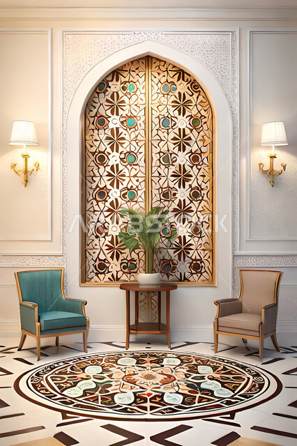 تصاميم عصرية حديثه، غرفة معيشة, ديكورات داخليه، غرفة جلوس, زخارف عربية اسلامية, تصاميم عصرية فاخرة، شقق وفلل سكنية, الفن الهندسي الاسلامي, نافذة خشبية على الطراز  العربي الاسلامي .