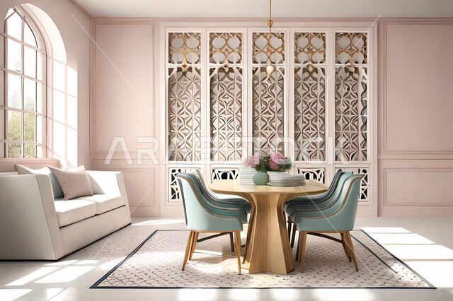 تصاميم عصرية حديثه لغرفة الطعام ، ديكورات داخليه، زخارف عربية اسلامية, تصاميم عصرية فاخرة، شقق وفلل سكنية, الفن الهندسي الاسلامي, نافذة خشبية على الطراز  العربي الاسلامي .