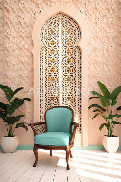 Living room with modern modern designs, interior decorations, living room, Arab-Islamic motifs, luxurious modern designs, apartments and villas, hotels of Islamic engineering art, wooden window in the Arab-Islamic style.