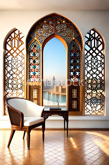 تصاميم عصرية حديثه، غرفة معيشة, ديكورات داخليه، غرفة جلوس, زخارف عربية اسلامية, تصاميم عصرية فاخرة، شقق وفلل سكنية, الفن الهندسي الاسلامي, نافذة خشبية على الطراز  العربي الاسلامي .