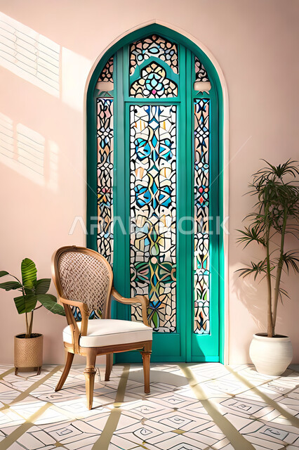 ديكورات داخلية, غرفة معيشة بتصاميم عصرية حديثه، باب خشبي ملون على الطراز العربي الاسلامي, زخارف عربية اسلامية، غرفة جلوس, تصاميم عصرية فاخرة، شقق وفلل سكنية, الفن الهندسي الاسلامي .