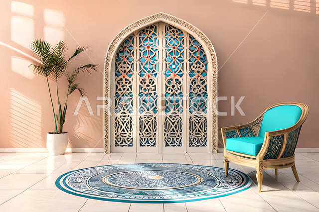 تصاميم عصرية حديثه، غرفة معيشة, باب خشبي ملون على الطراز العربي الاسلامي, زخارف عربية اسلامية, ديكورات داخليه، غرفة جلوس, تصاميم عصرية فاخرة، شقق وفلل سكنية, الفن الهندسي الاسلامي .