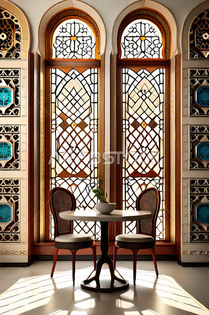 غرفة طعام بتصاميم عصرية حديثه، باب خشبي ملون على الطراز العربي الاسلامي, زخارف عربية اسلامية, ديكورات داخليه، تصاميم عصرية فاخرة، شقق وفلل سكنية, الفن الهندسي الاسلامي .