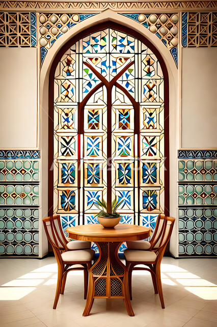 غرفة طعام بتصاميم عصرية حديثه، باب خشبي ملون على الطراز العربي الاسلامي, زخارف عربية اسلامية, ديكورات داخليه، تصاميم عصرية فاخرة، شقق وفلل سكنية, الفن الهندسي الاسلامي .