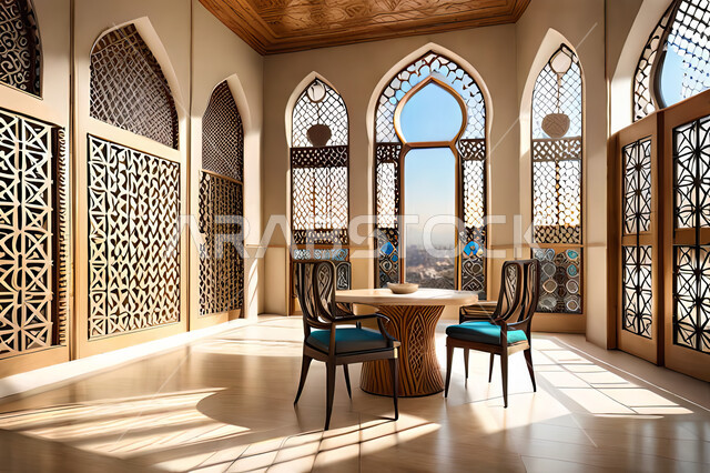 غرفة طعام بتصاميم عصرية حديثه، باب خشبي ملون على الطراز العربي الاسلامي, زخارف عربية اسلامية, ديكورات داخليه، تصاميم عصرية فاخرة، شقق وفلل سكنية, الفن الهندسي الاسلامي .