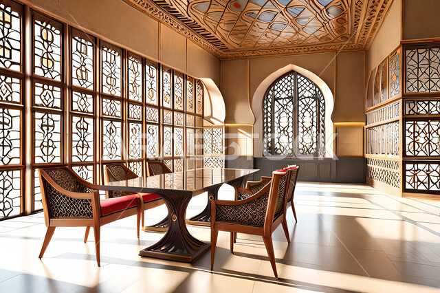 غرفة طعام بتصاميم عصرية حديثه، باب خشبي ملون على الطراز العربي الاسلامي, زخارف عربية اسلامية, ديكورات داخليه، تصاميم عصرية فاخرة، شقق وفلل سكنية, الفن الهندسي الاسلامي .