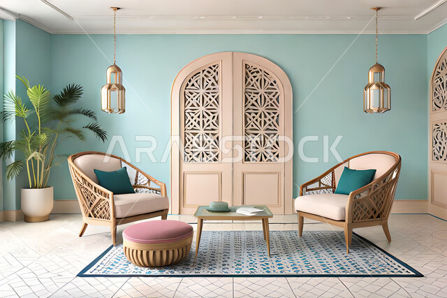 ديكورات داخلية, غرفة معيشة بتصاميم عصرية حديثه، باب خشبي ملون على الطراز العربي الاسلامي, زخارف عربية اسلامية، غرفة جلوس, تصاميم عصرية فاخرة، شقق وفلل سكنية, الفن الهندسي الاسلامي .