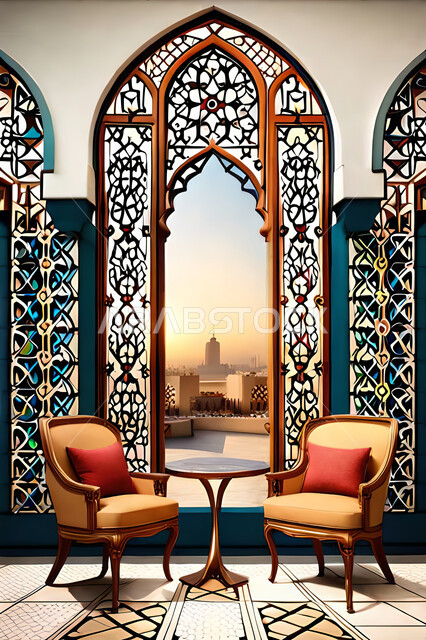 غرفة طعام بتصاميم عصرية حديثه، باب خشبي ملون على الطراز العربي الاسلامي, زخارف عربية اسلامية, ديكورات داخليه، تصاميم عصرية فاخرة، شقق وفلل سكنية, الفن الهندسي الاسلامي .