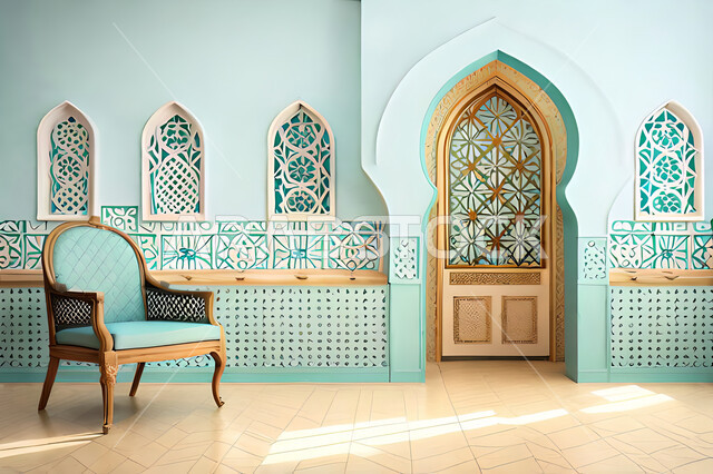 ديكورات داخلية, غرفة معيشة بتصاميم عصرية حديثه، باب خشبي ملون على الطراز العربي الاسلامي, زخارف عربية اسلامية، غرفة جلوس, تصاميم عصرية فاخرة، شقق وفلل سكنية, الفن الهندسي الاسلامي .