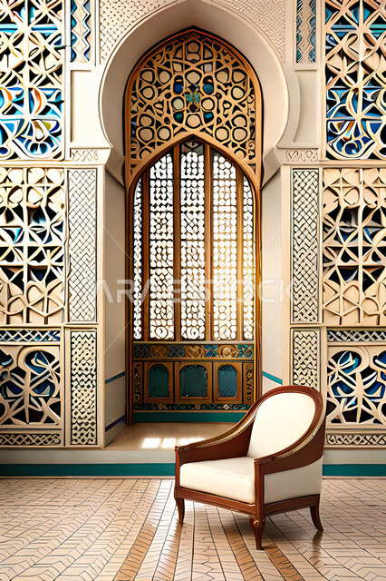 ديكورات داخلية, غرفة معيشة بتصاميم عصرية حديثه، باب خشبي ملون على الطراز العربي الاسلامي, زخارف عربية اسلامية، غرفة جلوس, تصاميم عصرية فاخرة، شقق وفلل سكنية, الفن الهندسي الاسلامي .