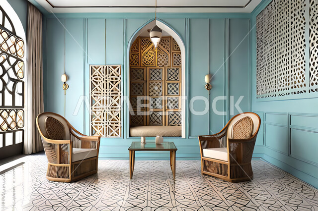 ديكورات داخلية, غرفة معيشة بتصاميم عصرية حديثه، باب خشبي ملون على الطراز العربي الاسلامي, زخارف عربية اسلامية، غرفة جلوس, تصاميم عصرية فاخرة، شقق وفلل سكنية, الفن الهندسي الاسلامي .