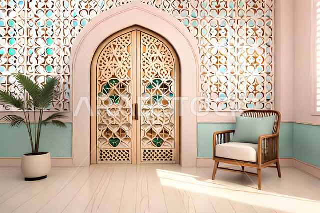 ديكورات داخلية, غرفة معيشة بتصاميم عصرية حديثه، باب خشبي ملون على الطراز العربي الاسلامي, زخارف عربية اسلامية، غرفة جلوس, تصاميم عصرية فاخرة، شقق وفلل سكنية, الفن الهندسي الاسلامي .