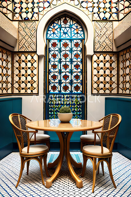 غرفة طعام بتصاميم عصرية حديثه، باب خشبي ملون على الطراز العربي الاسلامي, زخارف عربية اسلامية, ديكورات داخليه، تصاميم عصرية فاخرة، شقق وفلل سكنية, الفن الهندسي الاسلامي .