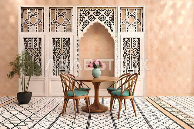 غرفة طعام بتصاميم عصرية حديثه،الفن الهندسي الاسلامي, زخارف عربية اسلامية, ديكورات داخليه، غرفة جلوس, تصاميم عصرية فاخرة، شقق وفلل سكنية .