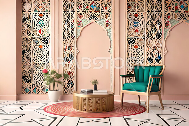 ديكورات داخلية, غرفة معيشة بتصاميم عصرية حديثه، باب خشبي ملون على الطراز العربي الاسلامي, زخارف عربية اسلامية، غرفة جلوس, تصاميم عصرية فاخرة، شقق وفلل سكنية, الفن الهندسي الاسلامي .