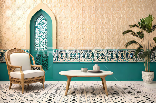 ديكورات داخلية, غرفة معيشة بتصاميم عصرية حديثه، باب خشبي ملون على الطراز العربي الاسلامي, زخارف عربية اسلامية، غرفة جلوس, تصاميم عصرية فاخرة، شقق وفلل سكنية, الفن الهندسي الاسلامي .