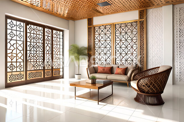 ديكورات داخلية, غرفة معيشة بتصاميم عصرية حديثه، باب خشبي ملون على الطراز العربي الاسلامي, زخارف عربية اسلامية، غرفة جلوس, تصاميم عصرية فاخرة، شقق وفلل سكنية, الفن الهندسي الاسلامي .